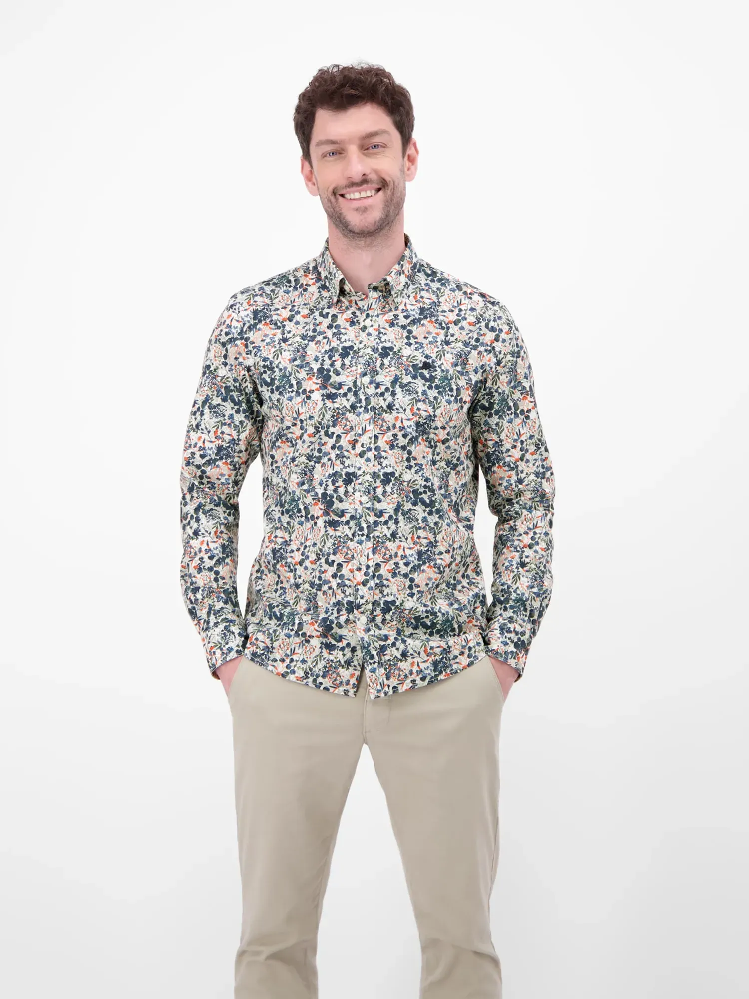Langarmhemd LERROS "Langarmhemd mit floralem Alloverprint", Herren, Gr. L, Normalgrößen, weiß, 97% Baumwolle, 3% Elasthan, Hemden Langarmhemd