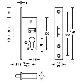 SSF RR-Riegel-Einsteckschloss PZ 24/45mm DIN L/R VA ktg.Stulpl.160mm