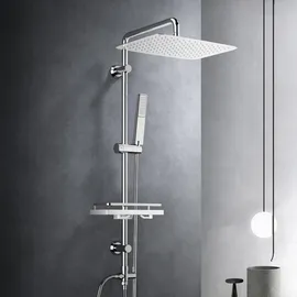 Görbach Regendusche Duschset Duschsystem mit Ablage Chrom Duschstangeset ohne Duscharmatur mit Kopfbrause 35x25cm
