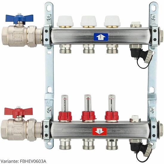 Fußbodenheizungsverteiler aus Edelstahl mit Topmeter für 3 Heizkreise - mit Anschlussset waagrecht