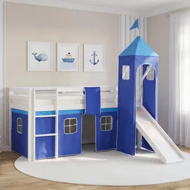 Homestyle4u Hochbett mit Rutsche, Turm und Vorhang blau
