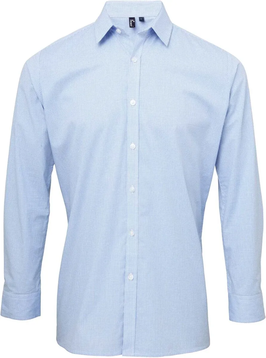 Premier Workwear Herren Popeline Hemd Karo langarm PR220 light blue (ca. pantone 7451)/white M