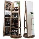 RELAX4LIFE Schmuckschrank mit 2 Spiegeln, 3 in 1 Spiegelschrank mit 3 farbigen LEDs, 360° Drehbar & Abschließbar, Schmuckorganizer mit 3 Regalen (Vintagebraun)