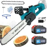 Akku-Kettensäge, 12 Zoll bürstenlose kabellose elektrische Kettensäge, geschmierte Kettensäge mit Ketten + 2 5,5-A-Akku + Ladegerät, kompatibel mit