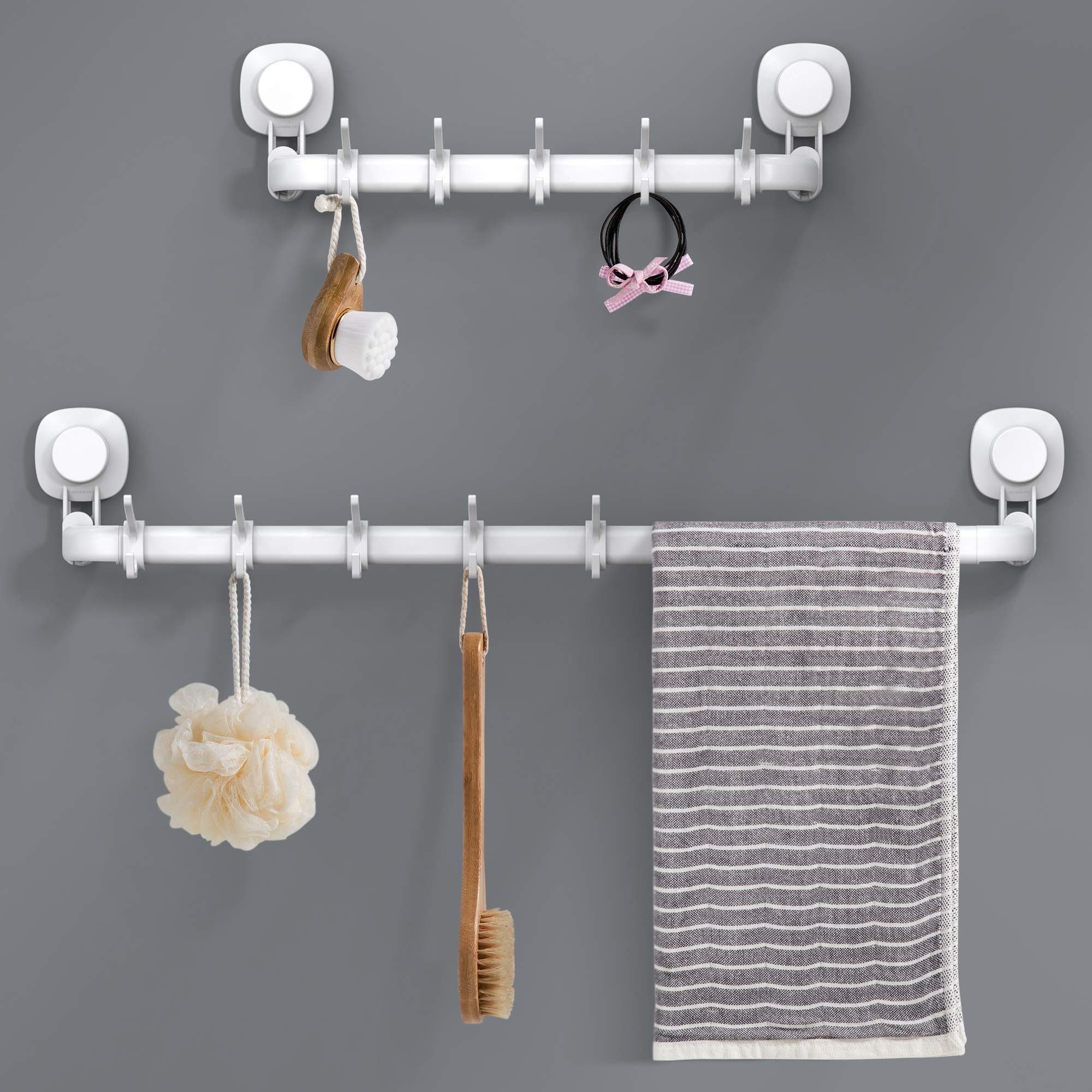 Luxear Verstellbarer Handtuchhalter mit Saugnapf ohne Bohren, 64cm / 36cm Handtuchstange Wand mit 5 abnehmbaren Handtuchhaken, Max 10 KG Belastbarkeit, wiederverwendbarer Badetuchhalter für Bad Küche