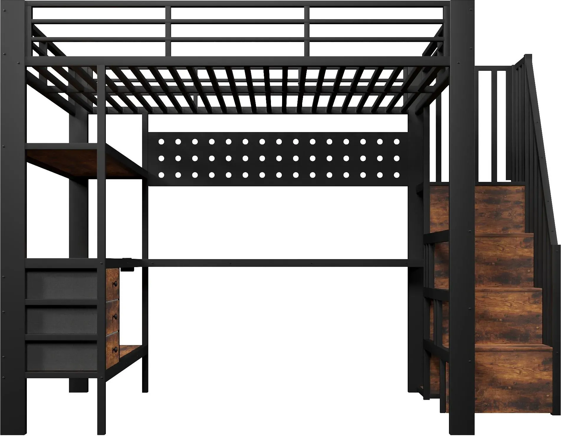 Hochbett 140×200 cm, integrierter Ablage und 3 Schubladen, ohne Matratze, 251x146x170 cm, Schwarz