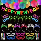 DPKOW 80+ Silvester Deko 2025 Knicklichter Party Set, Silvester Haarreif Happy New Year Girlande Leuchtstäbe Ballons Masken Tröten für Neon Party Deko Silvester 2025 Silvesterdeko Party Zubehör