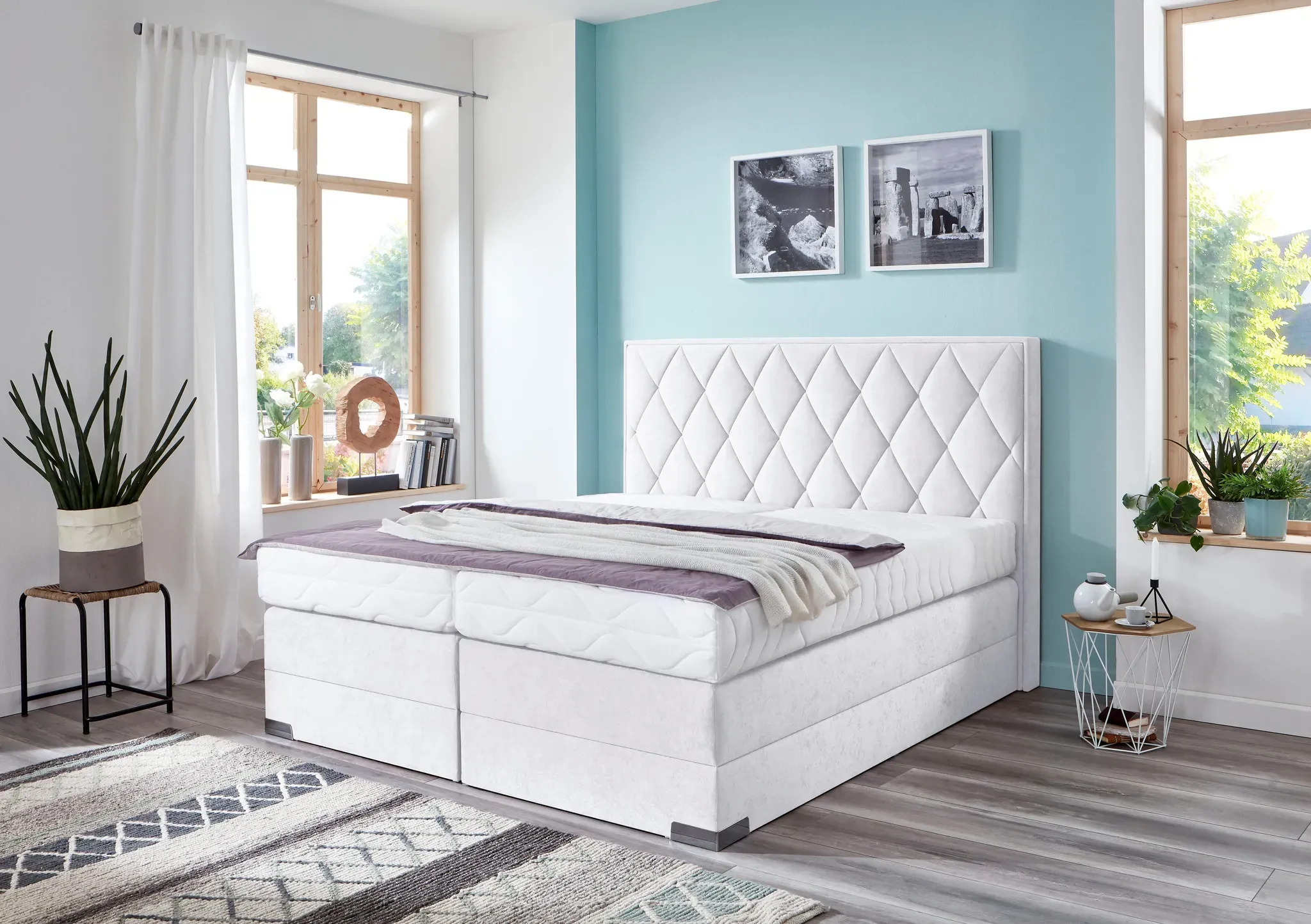 Boxspringbett, weiß, B:100cm L:212cm, Bezug der Obermatratze: 100% Polyester, Bezug abnehm- und waschbar bis 60u00b0C, Unterbox und Kopfteil: Microvelours-Bezug (100% Polyester), WESTFALIA SCHLAFKOMFORT, Komplettbetten, Boxspringbett