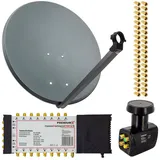 PremiumX Satelliten-Komplettanlage 80cm Satellitenschüssel Anthrazit 5/16 Multischalter Quattro LNB 40x F-Stecker, 1 SAT 16 Teilnehmer