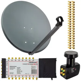 PremiumX Satelliten-Komplettanlage 80cm Satellitenschüssel Anthrazit 5/16 Multischalter Quattro LNB 40x F-Stecker, 1 SAT 16 Teilnehmer