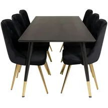 VCM Dipp180x90BLBR Essgruppe Esstisch schwarz und 6 Velvet Deluxe Esszimmerstühle Velour schwarz, Messing dekor.