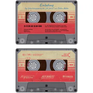 Kartenmachen.de Personalisierte Einladungskarten zum Geburtstag (ab 10 Stück) als Retro Musikkassette Kassette Musik Cassette Walkman, dickes Papier