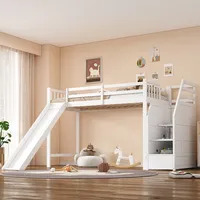 Bett Hochbett Kinder 90x200 Cm Aus Kiefer Und Mdf, Weiß, Mit Rutsche, Stauraum-treppe Und En747
