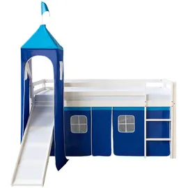 Homestyle4u Hochbett mit Rutsche, Turm und Vorhang blau