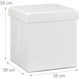 Relaxdays Faltbarer Sitzhocker, Sitzcube mit Stauraum u. Deckel, Fußablage, Sitzwürfel aus Kunstleder, weiß