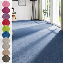 Andiamo Teppichboden ANDIAMO "Ines, Kräuselvelours, Gesamthöhe 8,5 mm, Luxusklasse LC2", blau (dunkelblau), B:400cm L:450cm, Kunstfaser, Teppiche, Uni Farben, Breite 400 cm, strapazierfähig & pflegeleicht