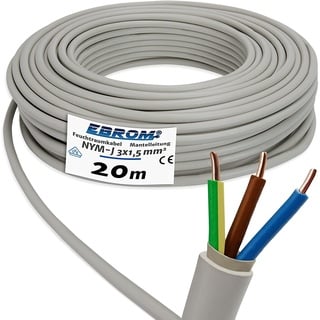 EBROM NYM-J 3x1,5 mm2 - Mantelleitung - Installationsleitung - Feuchtraumleitung - grau - große Auswahl in vielen Längen in 5 Meter Schritten bis 250 Meter am Stück - Ihre Länge: 3x1,5 mm2, 20 Meter