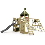 FATMOOSE Spielturm Ritterburg RiverRun mit SurfSwing & Rutsche, Spielhaus mit Sandkasten, Leiter & Spiel-Zubehör – anthrazit / olivgrün - Grau