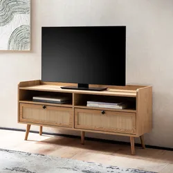 Lowboard FineBuy Fernsehkommode 120 cm TV Schrank Schublade Rattan Stauraum