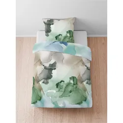 Bettwäsche BIBERNA Gr. 2, blau (blau, grün), B/L: 155cm x 200cm, Mako-Satin, B/L: 80cm x 80cm, Mako-Satin, 100% Baumwolle, Bettwäsche
