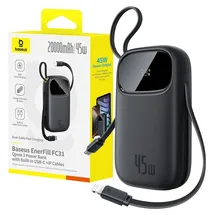 Baseus EnerFill Powerbank 20000mAh 45W mit integrierten USB-C/Lightning Kabeln - Schwarz