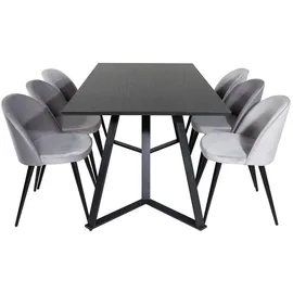 VCM Ebuy24, Essgruppe Esstisch schwarz und 6 Velvet Esszimmerstühle Velour hellgrau.