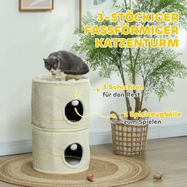 PawHut Kratztonne, 69 cm Hoch Katzentonne mit 2 Höhle, Spielball, Teilbarer Kratzbaum, Katzenturm für Katzen bis 5 kg, Cremeweiß - Weiß