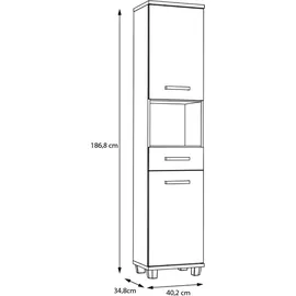 Forte VERIS Badschrank 40, hoher Badezimmerschrank mit 2 Türen, 1 Schublade und 1 offenem Fach, Holzwerkstoff, Salbei mit Artisan Eiche Holzdekor, 40,2 cm breit x 186,8 cm hoch x 34,8 cm tief