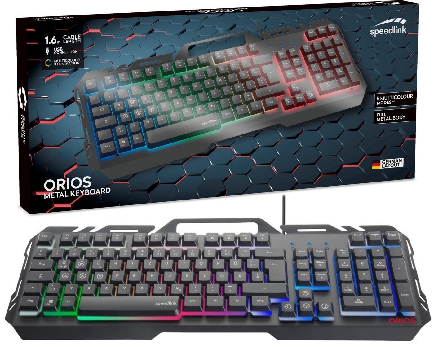 Speedlink ORIOS Metall USB Gaming Tastatur PC-Tastatur (RGB Beleuchtung, Gamer Keyboard, Smartphone-Halterung, Anti-Ghosting) schwarz
