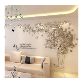 ZEUOPQ 3D-Wandtattoo 3D-Wandtattoo Dreidimensionaler dekorativer AusAcryl großer Baum Vögel, Wasserdicht, geeignet für Wohnzimmer, Schlafzimmer, Arbeitszimmer silberfarben