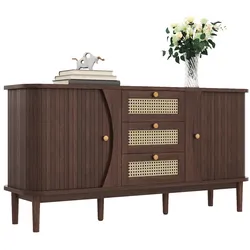 OKWISH Sideboard Holz Rattan Schubladen Aufbewahrung Retro Wohnzimmer Esszimmer Flur Stauraum Massivholz Beine Elegantes Design Holzfarbe 140,5x40x76cm