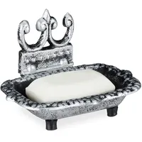 Relaxdays Seifenschale, antikes Design, eckiger Seifenhalter aus Gusseisen, nostalgisch, Seifenablage mit Ablauf, silber,