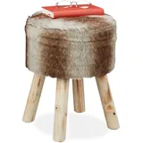 Relaxdays Fellhocker, Deko Hocker Sitzhocker mit Holzbeinen, rund, rustikal, H x D: 42 x 33 cm, grau/braun,