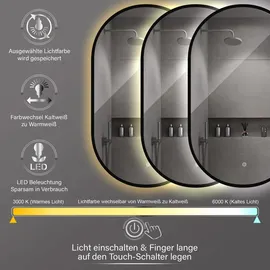PonteSino HOKO Badspiegel LED 45x75 cm Wandspiegel Oval+Rahmen+LED Wechsel Warmweiß-Kaltweiß-Neutral 2700-6500K+Touch Schalter+Memory-Funktion. Turin - Schwarz
