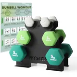 PhysKcal Kurzhantel Set, Hexagon Hantelset mit Stahl Hantelständer, 2 x 1 kg, 2 x 3 kg, 2 x 5 kg, Mattes Finish, Neopren-Beschichtung, Krafttraining für Zuhause