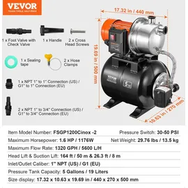 Vevor 1176W Gartenpumpe, 5600 l/h automatische Bewässerungspumpe, 50 m Hub, Kreiselpumpe mit 30/50 PSI Druckschalter, flache Springbrunnenpumpe, E...