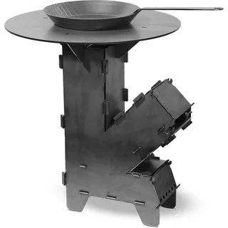 Czaja Raketenofen mit 5 mm Grillplatte & Eisen-Bratpfanne – Robuster Premium Rocket Stove aus 3 mm Stahl für Camping, BBQ & Outdoor – Feuerschale, Holzofen, Campingkocher – Made in Germany