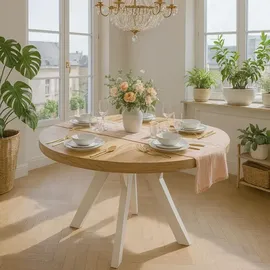 dekori.interiors Dekori Möbel Runder Ausziehbarer Tisch für Esszimmer mit Holzbeinen, Pero, Loft-Stil, Skandinavische, Durchmesser Varianten: von 90 bis 220 cm (Eiche Craft Golden/Weiß, cm)