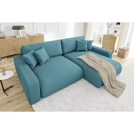 s-style möbel - Emma Ecksofa mit Schlaffunktion und Bettkasten in Cord-Stoff schöner Sitzkomfort, Ottomane rechts, B/T/H: 234 cm / 170 cm / 78 cm - Türkis