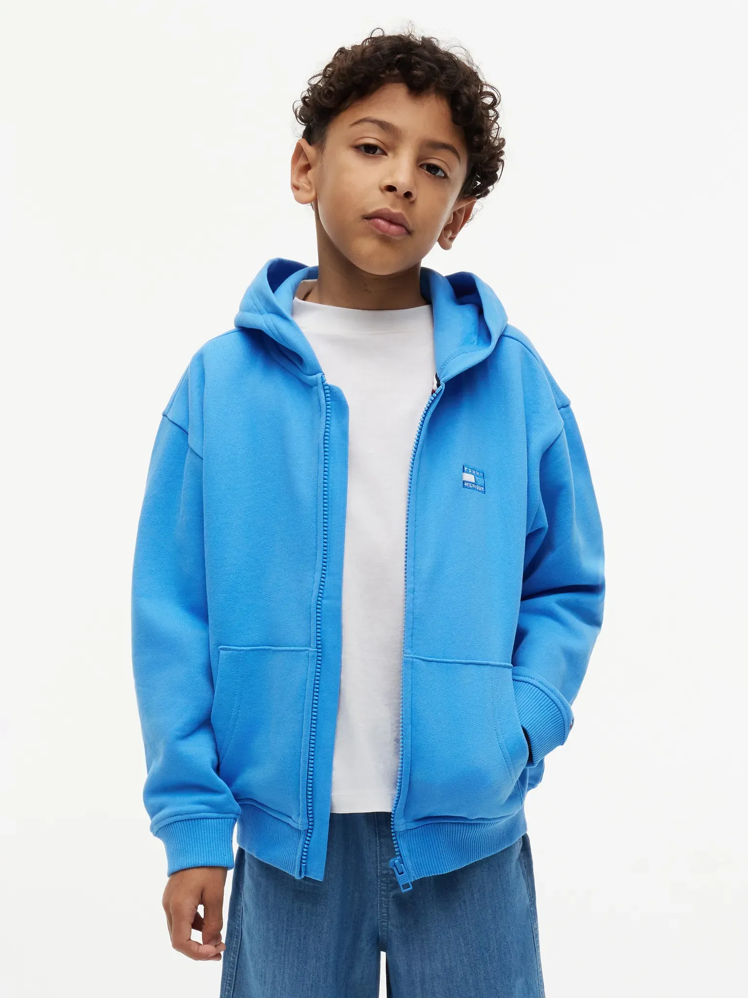 Kapuzensweatjacke TOMMY HILFIGER, Jungen, Gr. 10 (140), blau (copenhagen blau), Sweatware, Obermaterial: 100% Baumwolle, unifarben, regular fit normal, Rundhals, Bündchen, Sweatjacken, Kinder bis 16 Jahre