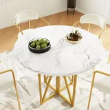 Runder Esstisch 80x80x76 cm, leichter runder Tisch für 4-6 Personen, für Esszimmer und Wohnzimmer, goldene Beine, marmorierte Tischplatte aus MDF - Weiß