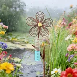 JAZUIHA Regenmesser für Garten frostsicher 110 cm Hoch, Dekorativer Niederschlagsmesser aus Glas mit Metall Blumenstecker, Gartendeko in Rostoptik mit Erdspieß