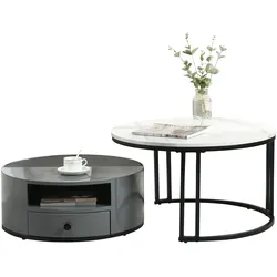 Merax Couchtisch mit Tischplatte in Patchwork-Design, Marmoroptik, Beistelltisch mit Schublade und versteckten Stauraum