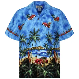 KY's Hawaiihemd Fliegende Autos Original Hawaiihemd mit 100% Kokosnuss-Knöpfen blau XXL
