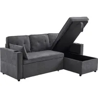 Ecksofa mit Bettfunktion, Stauraum, Zier- und Rückenkissen, L-Form, Leinen, Wohnzimmersofa - Grau