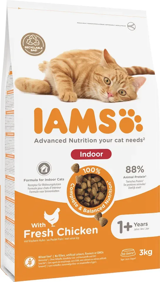 IAMS For Vitality Indoor Trockenfutter mit Huhn für ausgewachsene Katzen zu Hause 3 kg