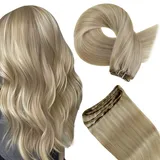 Hetto Tressen Echthaar Blond 50cm 100g Haartressen Echthaar zum Einnähen Remy Haarverlängerung zum Einnähen Glatt Echthaar Tressen zum Einnähen Aschenblond Highlights hellblond Gesträhnt #17/23