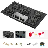 Gaskochfeld 5 flammig, Gaskochfeld 90cm, LPG/NG, 12,75 kW, Kupfer- und Aluminium-Brennern, hitzebeständigem Glas, Aut.Sicherheitsabschaltung, Autark - Schwarz