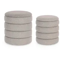 Pouf Katerina 2er-Set aus Boucle-Stoff, rundes Design mit Stauraum, hellgrau, weich gepolstert