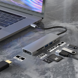 RedStar24 USB-C HUB 6 in 1 Adapter Multiport USB C mit HDMI 4K, USB 3.0, SD/TF Kartenleser Micro SD 55W PD | kompatibel für TV MacBook Pro, Air, iPad Pro, Samsung | Laptop und mehr Typ C Geräte